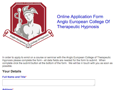 Booking Application Form for Hypnosis Courses Hypnosis Training Online Application Booking Form