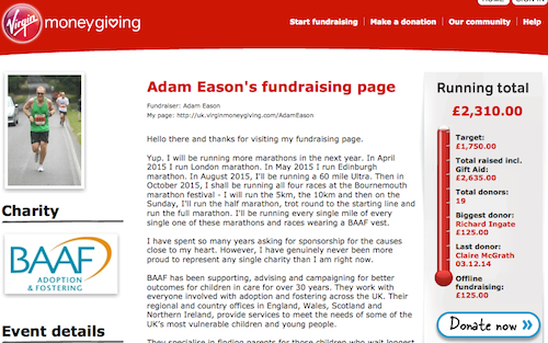 money giving page on Virgin for Adam's charity